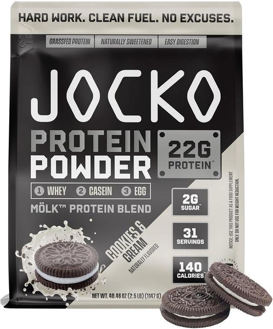 Jocko Mölk Whey Protein Powder: Keto, Grass Fed, Probiotics, Amino Acids - Supports Muscle Growth & Recovery - Cookies & Cream Flavor - 2 LB
