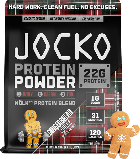 Jocko Mölk Whey Protein Powder with Probiotics, Grass Fed, and Amino Acids - Muscle Recovery & Growth - Keto Friendly - Gingerbread Cookie Flavor (31 Servings)