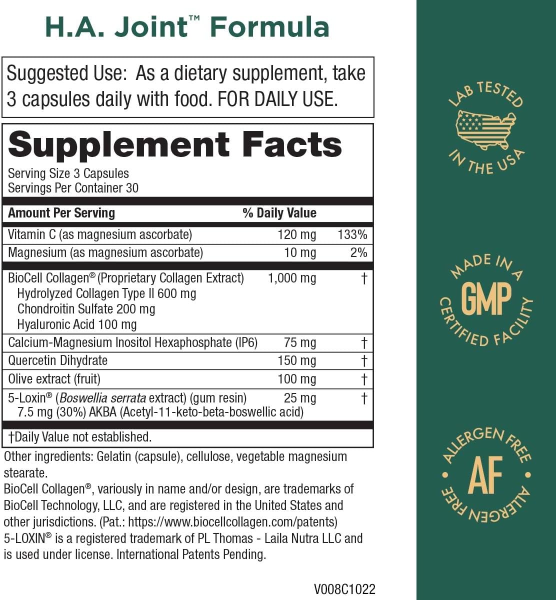 Joint and Skin Support Supplement with Hyaluronic Acid, Collagen, and Olive Fruit Extract - 90 Capsules