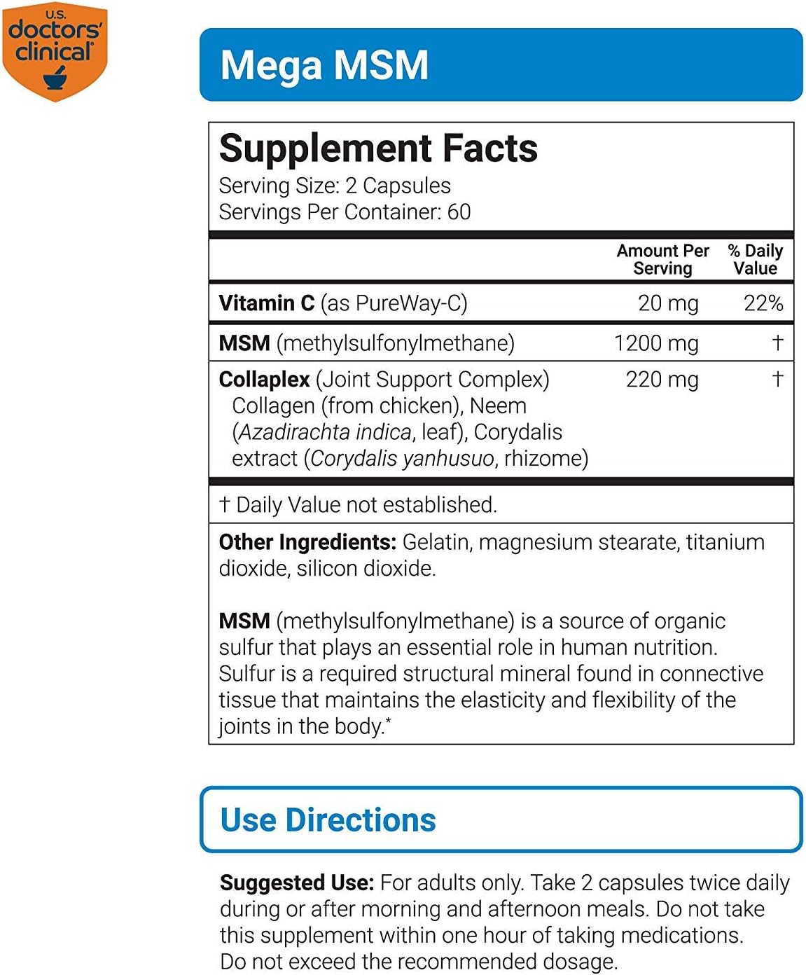 Joint Comfort & Movement Support with MSM, Vitamin C, Collagen & Neem - U.S. Doctors’ Clinical (1 Month Supply, 120 Capsules)