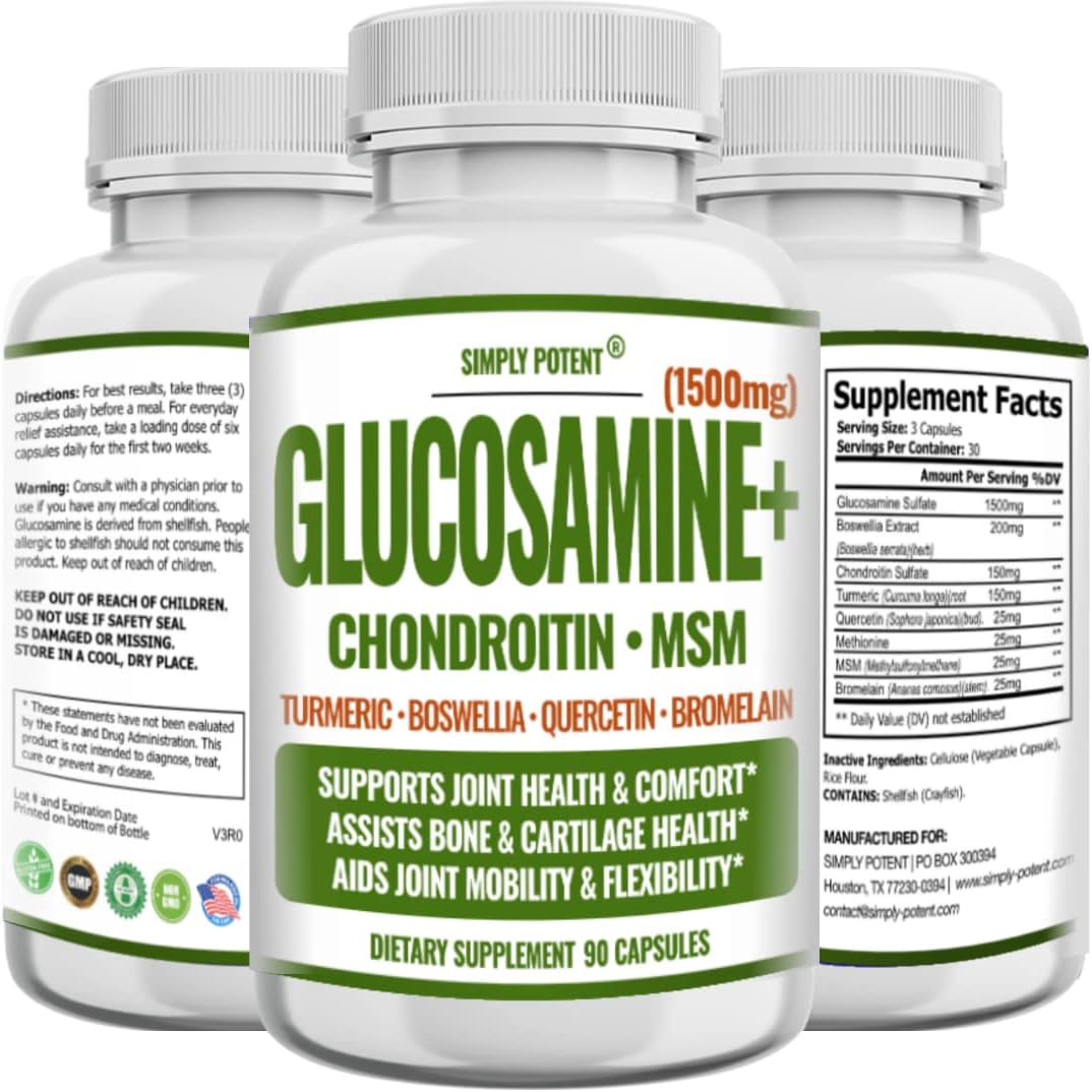 Joint Health Supplement with Glucosamine, Chondroitin, MSM, Turmeric & Boswellia - 90 Capsules for Pain Relief & Muscle Relaxation
