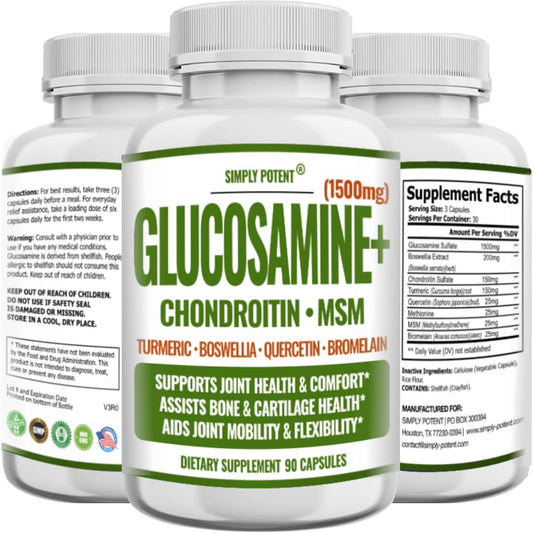 Joint Health Supplement with Glucosamine, Chondroitin, MSM, Turmeric & Boswellia - 90 Capsules for Pain Relief & Muscle Relaxation