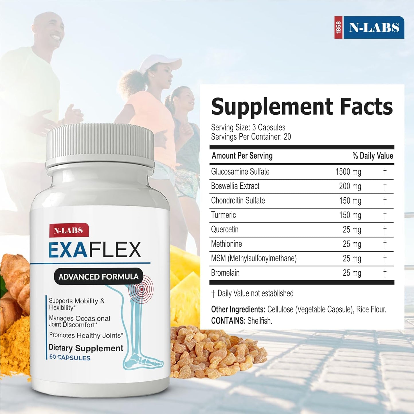 Joint Health Supplement with Glucosamine, Chondroitin, MSM, Boswellia, Turmeric, and Quercetin - 60 Capsules - Made in USA