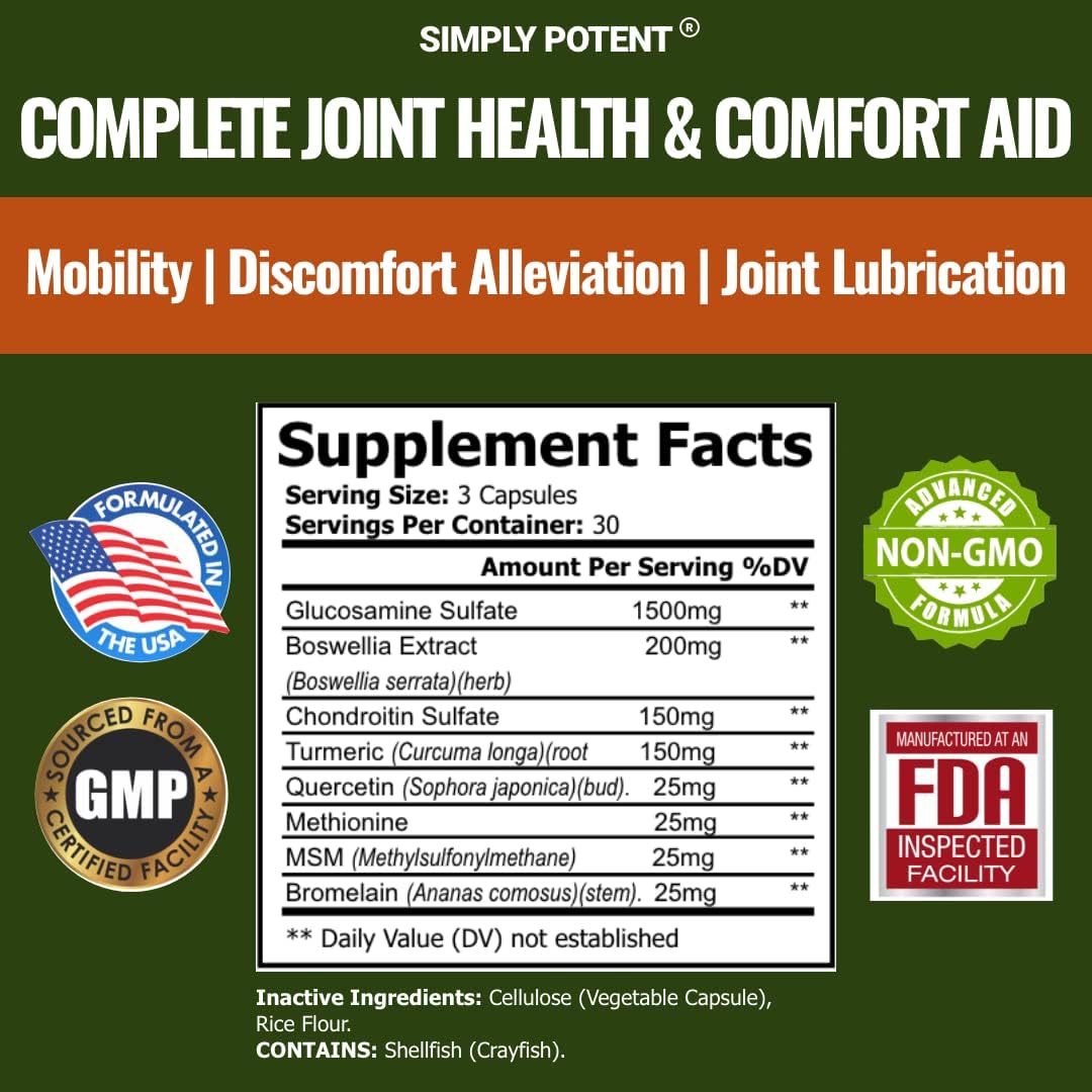 Joint Health Supplement with Glucosamine, Chondroitin, MSM, Turmeric & Boswellia - 90 Capsules for Pain Relief & Muscle Relaxation