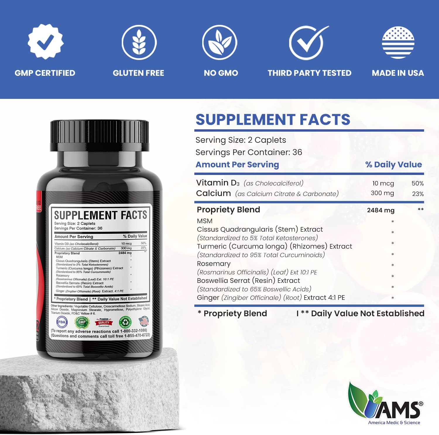 Joint Supplement with Turmeric, Boswellia, MSM, Vitamin D3, & Calcium - 72 Caplets