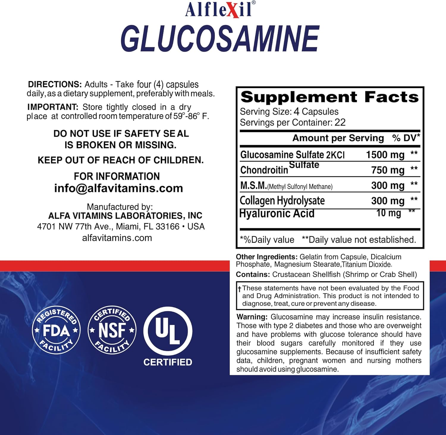 Joint Support Dietary Supplements - ALFLEXIL Glucosamine, Chondroitin, MSM, Collagen - 90 Capsules x 4 Pack