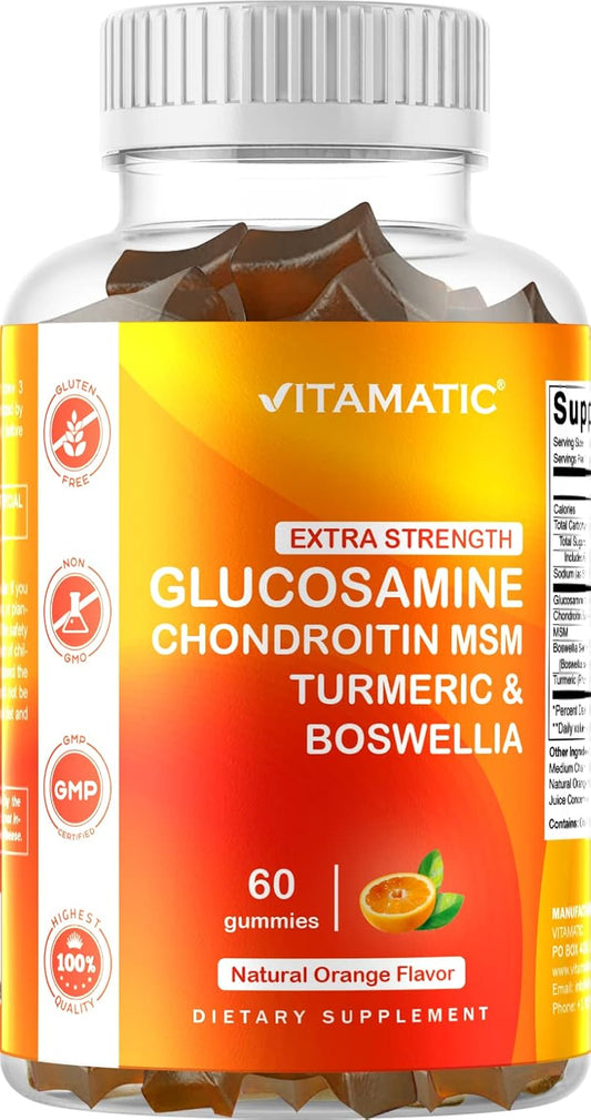 Joint Support Gummies with Glucosamine, Chondroitin, MSM, Turmeric & Boswellia - 60 Pectin Gummies for Extra Strength