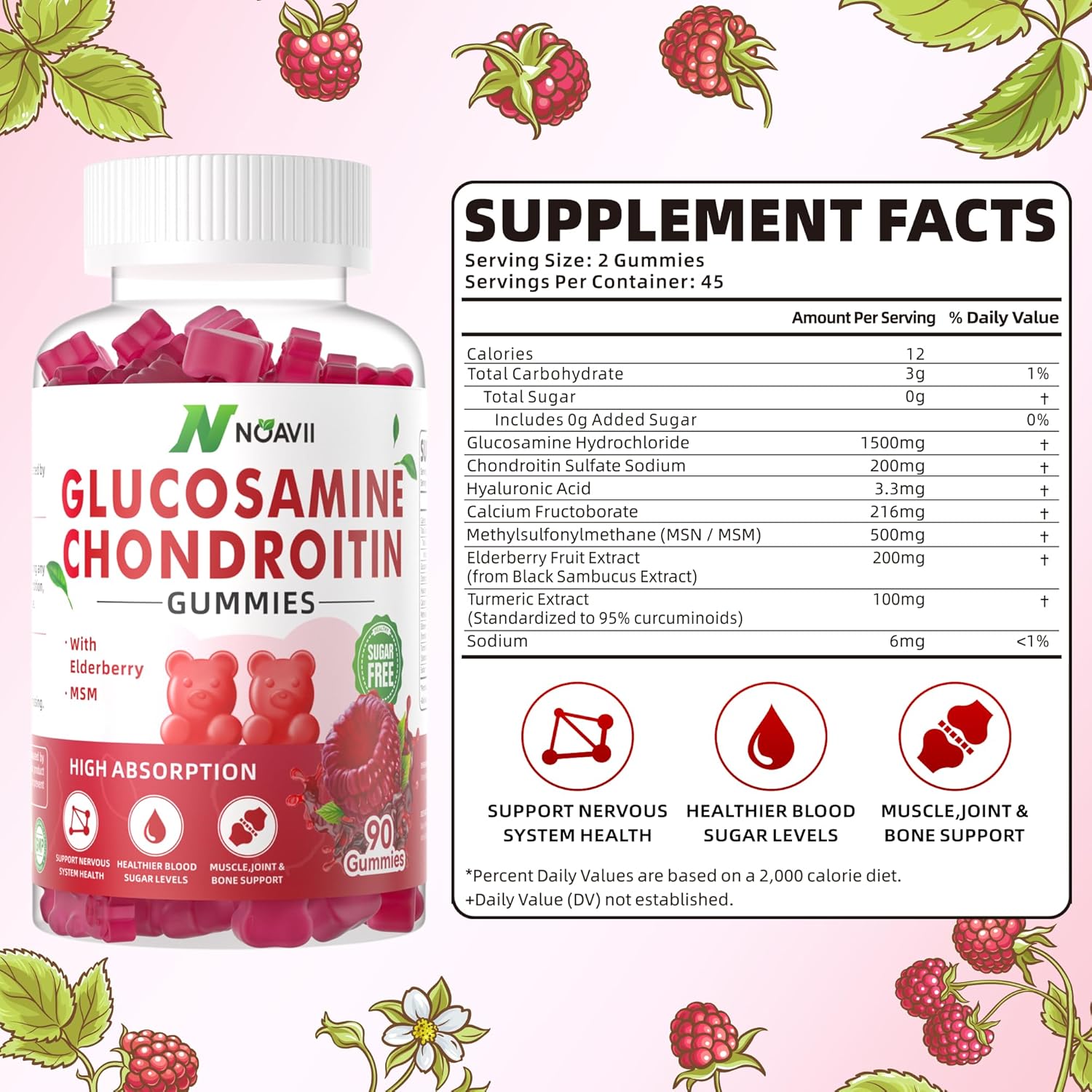 Joint Support Gummies with Glucosamine, Chondroitin, MSM, and Elderberry - Antioxidant Immune Supplement for Adults - Raspberry Flavor - 180 Count