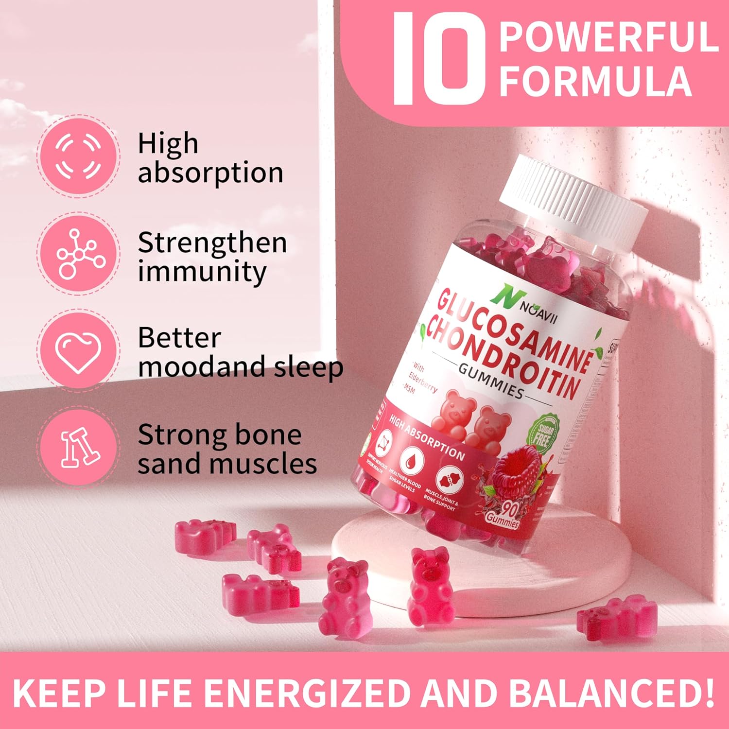 Joint Support Gummies with Glucosamine, Chondroitin, MSM, and Elderberry - Antioxidant Immune Supplement for Adults - Raspberry Flavor - 180 Count