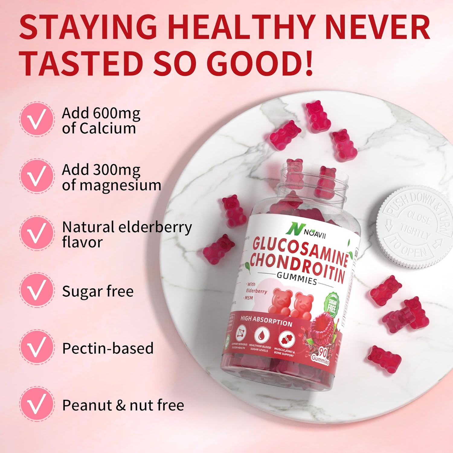Joint Support Gummies with Glucosamine, Chondroitin, MSM, and Elderberry - Antioxidant Immune Supplement for Adults - Raspberry Flavor - 180 Count