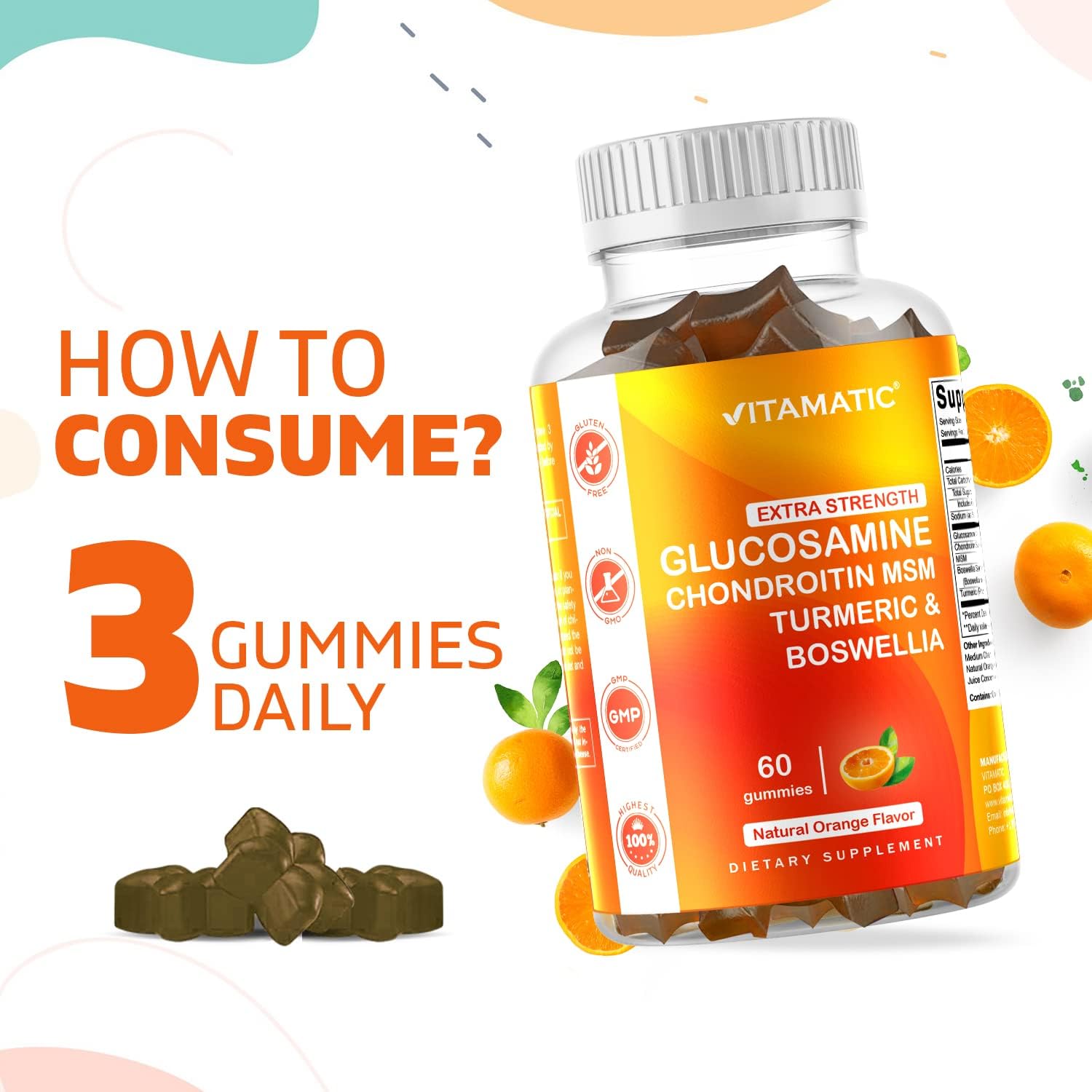 Joint Support Gummies with Glucosamine, Chondroitin, MSM, Turmeric & Boswellia - 60 Pectin Gummies for Extra Strength