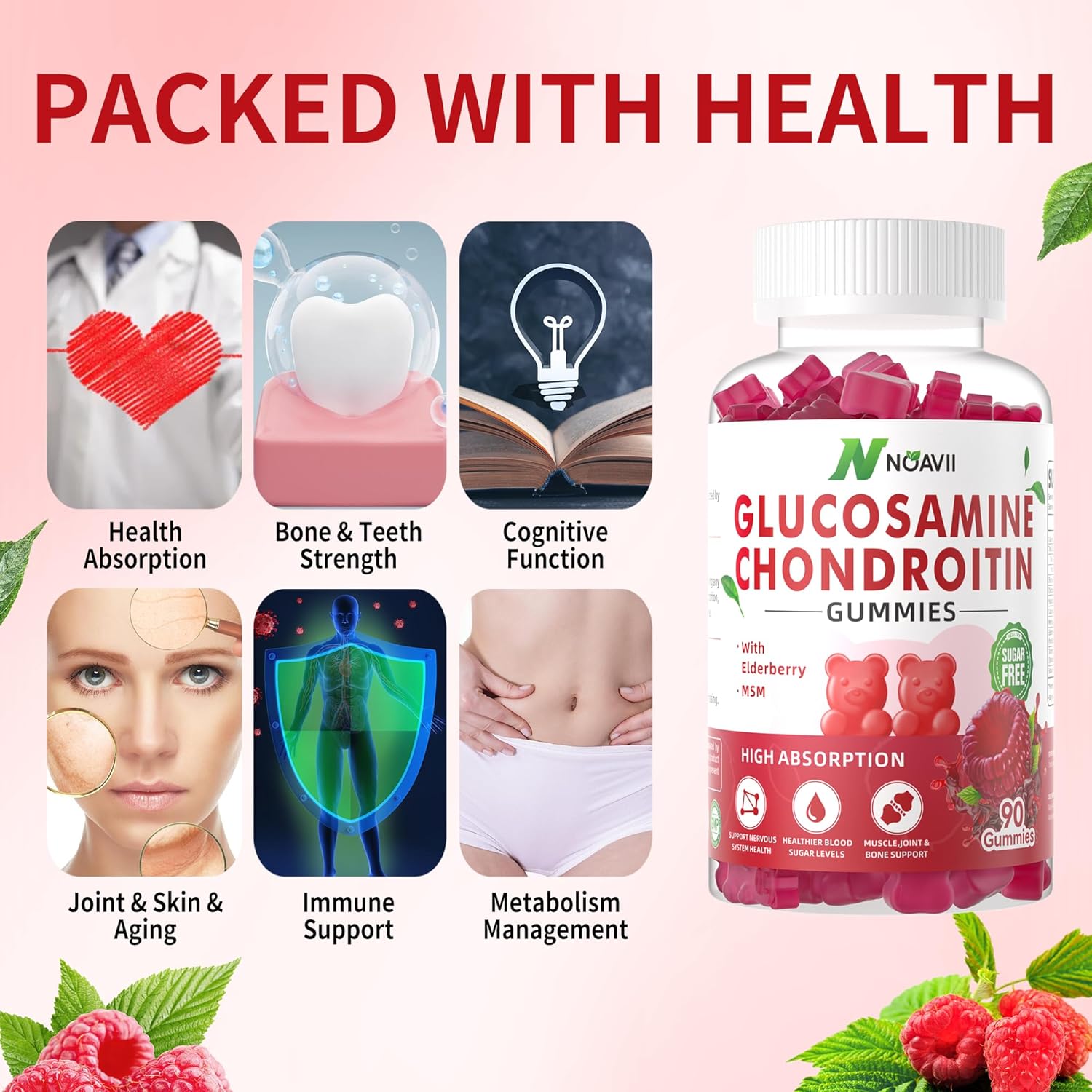 Joint Support Gummies with Glucosamine, Chondroitin, MSM, and Elderberry - Antioxidant Immune Supplement for Adults - Raspberry Flavor - 180 Count