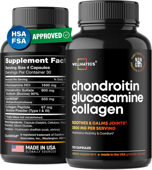 Joint Support Supplement Capsules with Glucosamine, Chondroitin, and MSM - FSA & HSA Eligible - Made in USA - 120 Capsules for Back, Knees, and Hands
