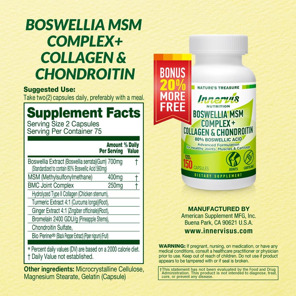 Joint Support Supplement with Boswellia, MSM, Collagen, and Chondroitin - 150 Capsules with Turmeric, Ginger, and BioPerine for Mobility and Flexibility