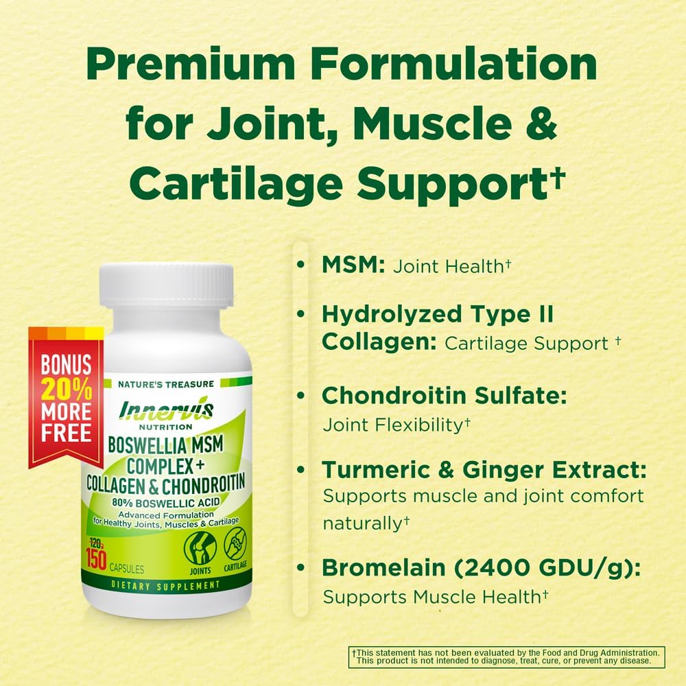 Joint Support Supplement with Boswellia, MSM, Collagen, and Chondroitin - 150 Capsules with Turmeric, Ginger, and BioPerine for Mobility and Flexibility