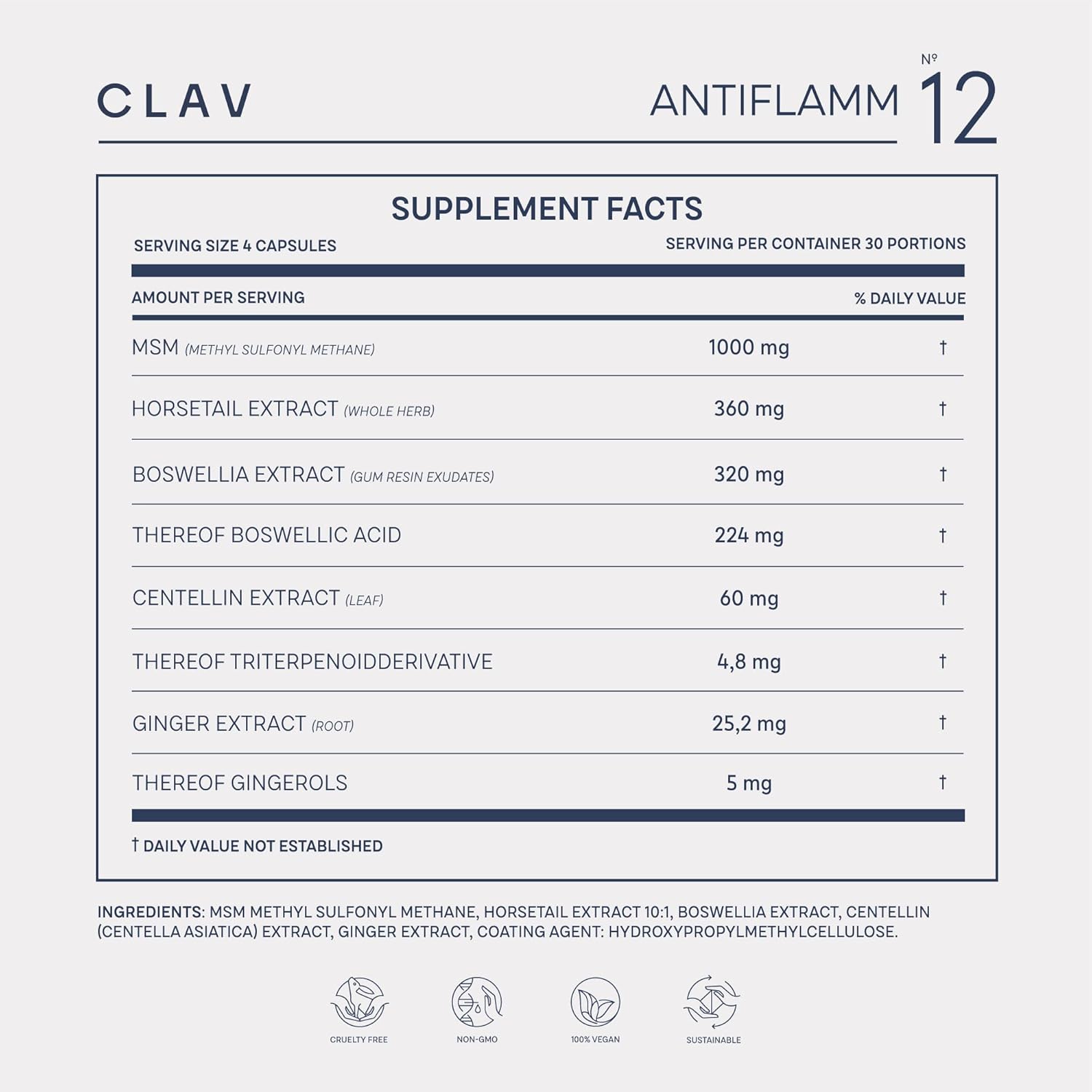 Joint Support Supplement with Boswellia, MSM, Horsetail, Gotu Kola & Ginger Extracts - 120 Capsules