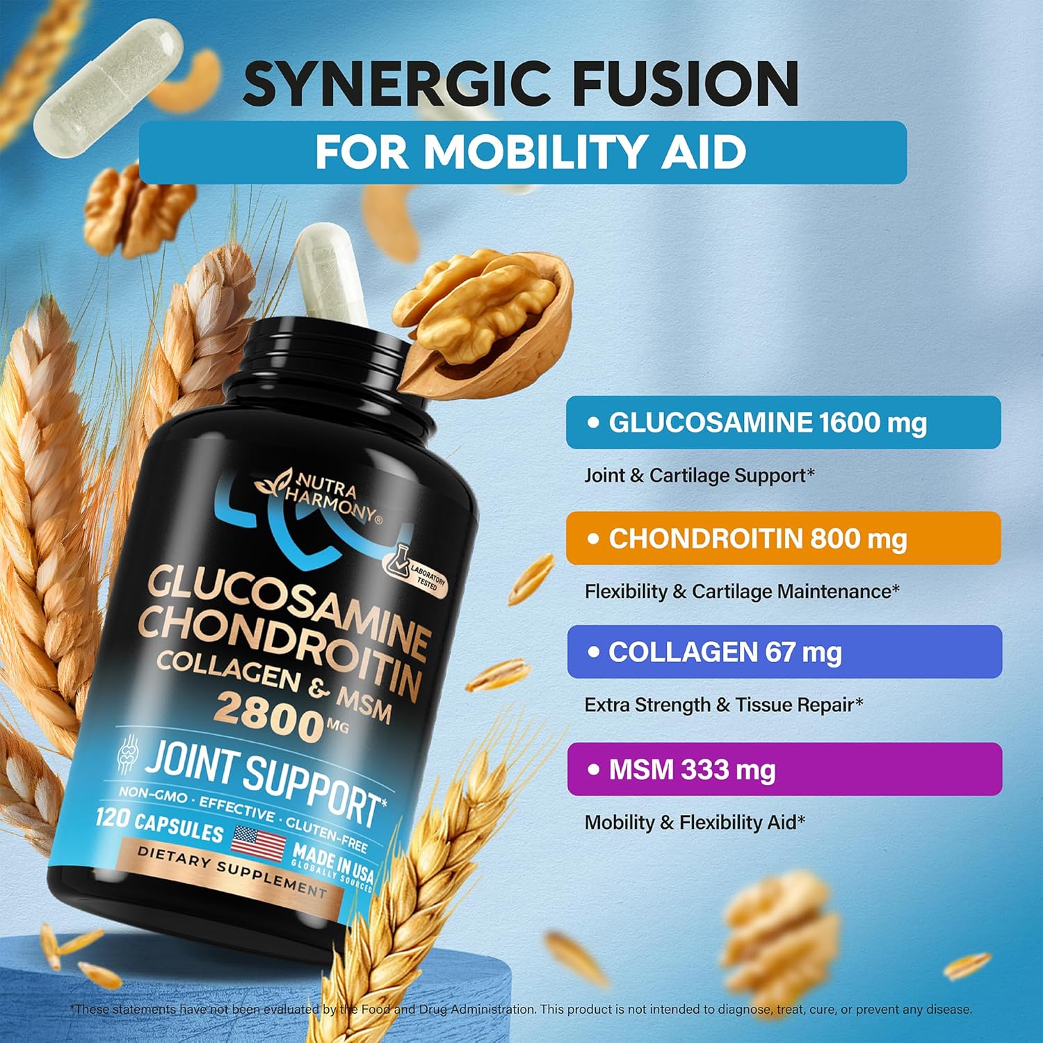 Joint Support Supplement with Glucosamine, Chondroitin, MSM, and Collagen | FSA HSA Eligible | Made in USA | Pack of 2 | Flexibility Vitamins for Men & Women