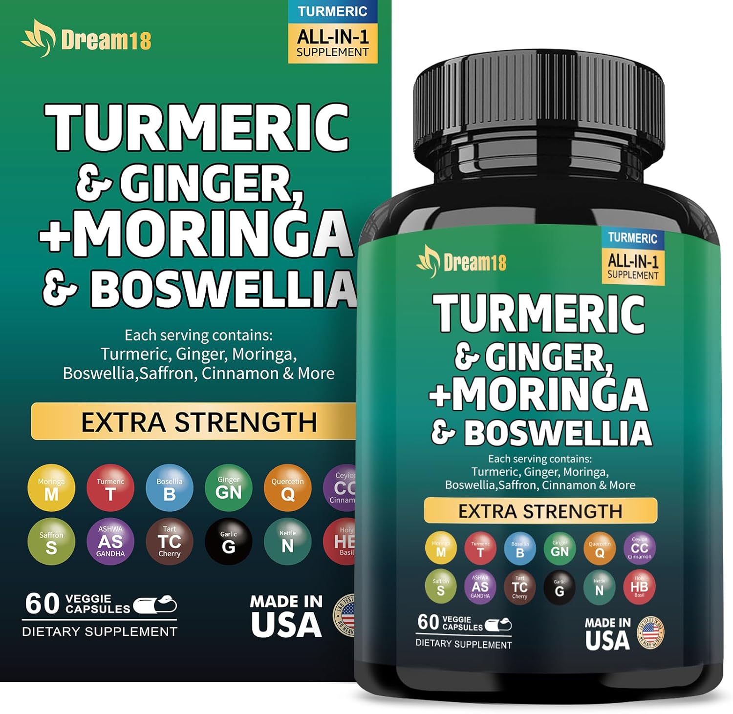 Joint Support Supplement with Turmeric, Ginger, Moringa, Boswellia, Saffron, Ceylon Cinnamon, Quercetin, and Tart Cherry - 60 Capsules