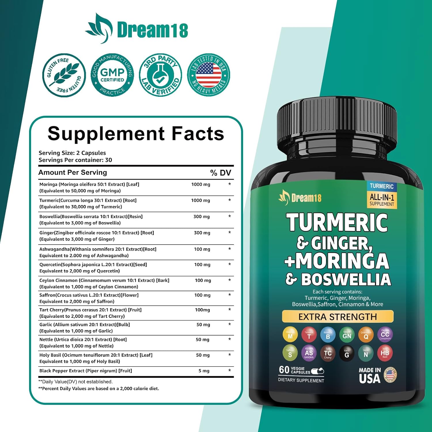 Joint Support Supplement with Turmeric, Ginger, Moringa, Boswellia, Saffron, Ceylon Cinnamon, Quercetin, and Tart Cherry - 60 Capsules