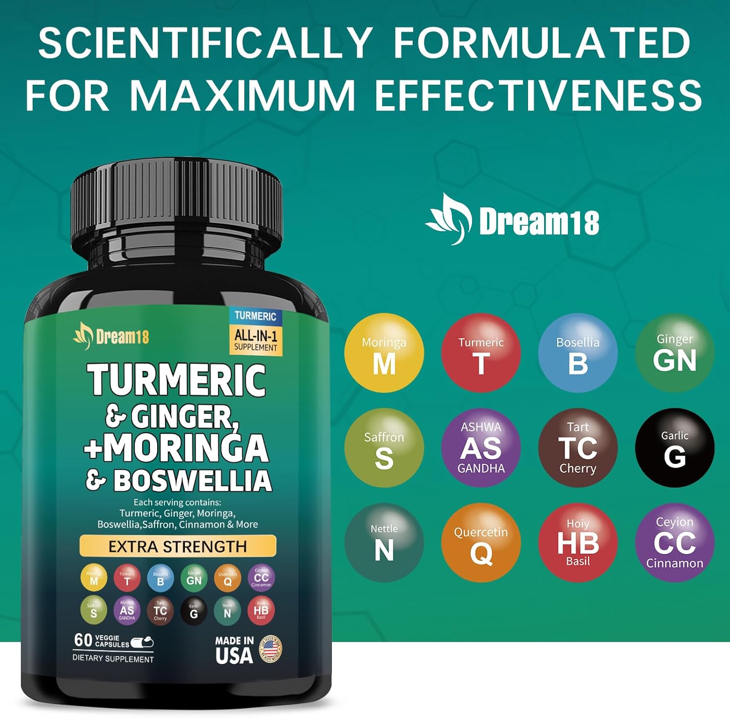 Joint Support Supplement with Turmeric, Ginger, Moringa, Boswellia, Saffron, Ceylon Cinnamon, Quercetin, and Tart Cherry - 60 Capsules