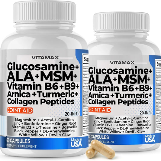Joint Support Supplement with Vitamax, Glucosamine, MSM, Turmeric, ALCAR, Boswellia, ALA, Collagen, and BioPerine - Enhances Mobility, Flexibility, and Comfort - Made in USA - 120ct