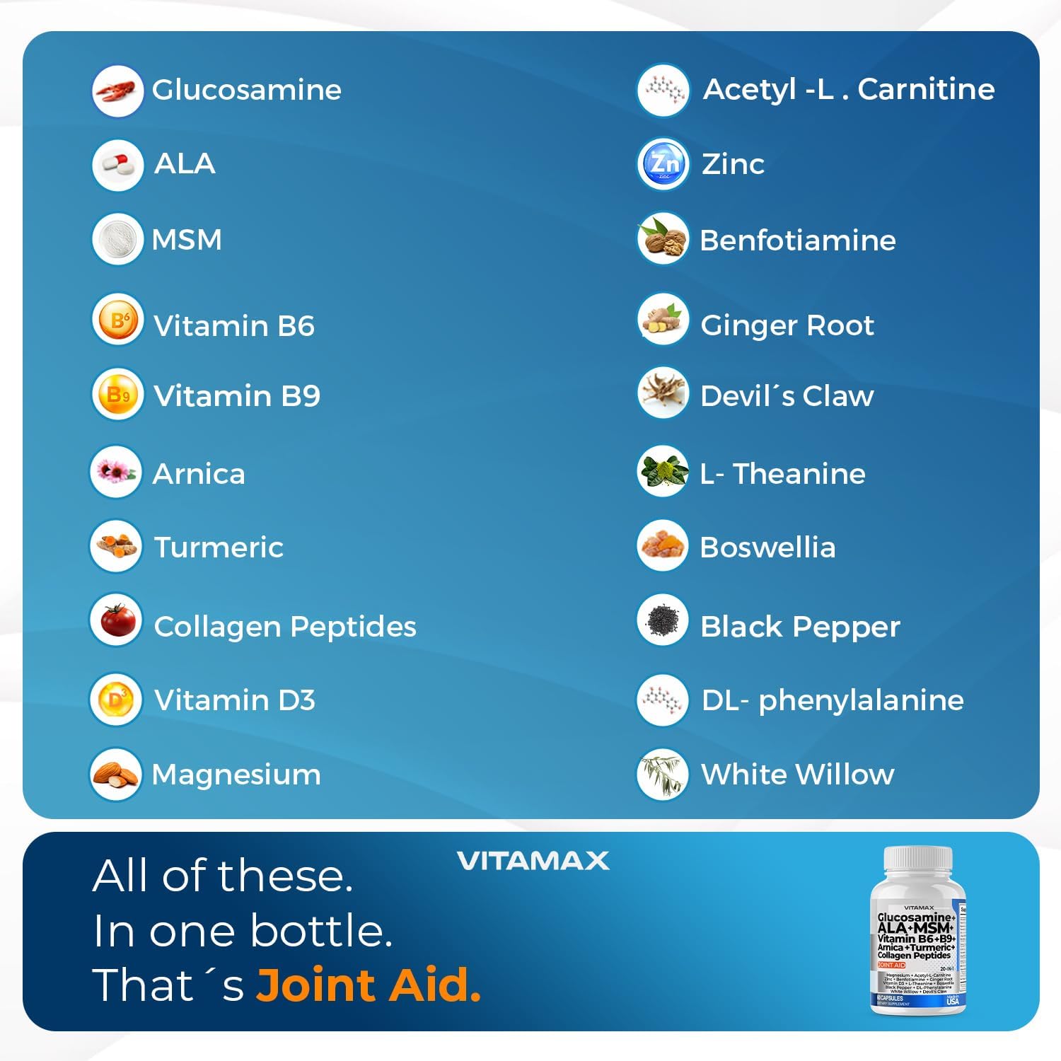 Joint Support Supplement with Vitamax, Glucosamine, MSM, Turmeric, ALCAR, Boswellia, ALA, Collagen, and BioPerine - Enhances Mobility, Flexibility, and Comfort - Made in USA - 120ct