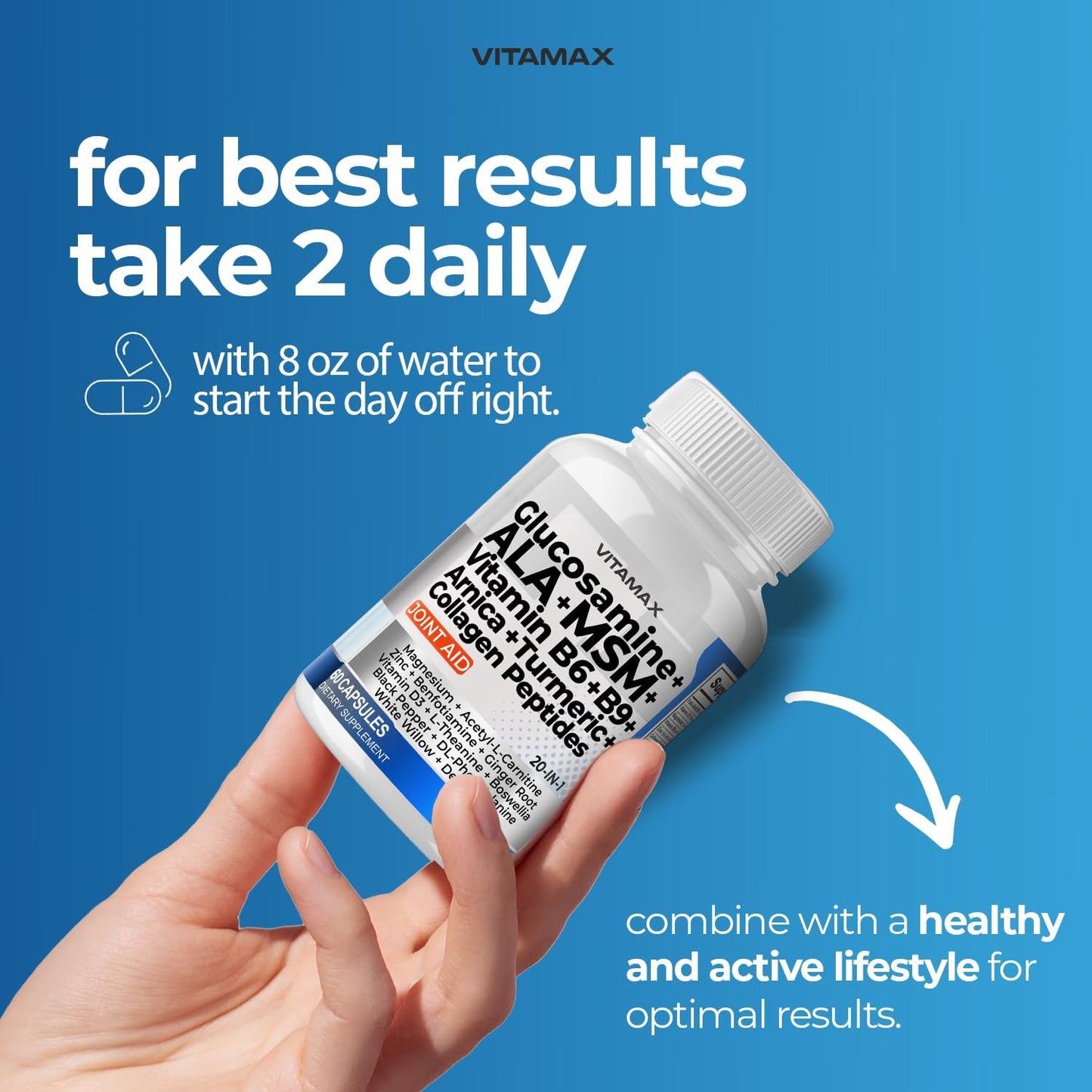 Joint Support Supplement with Vitamax, Glucosamine, MSM, Turmeric, ALCAR, Boswellia, ALA, Collagen, and BioPerine - Enhances Mobility, Flexibility, and Comfort - Made in USA - 120ct