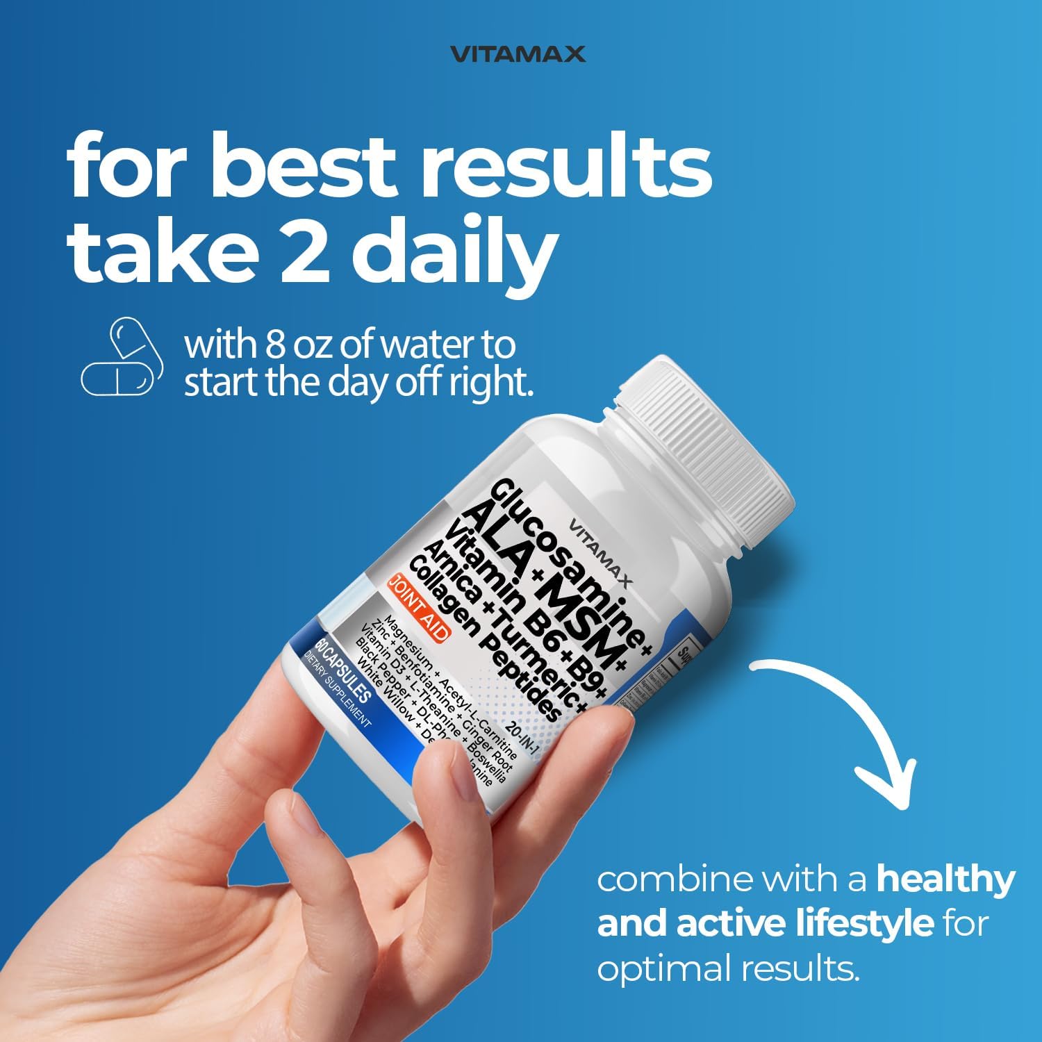 Joint Support Supplement with Vitamax, Glucosamine, MSM, Turmeric, ALCAR, Boswellia, ALA, Collagen, and BioPerine - Enhances Mobility, Flexibility, and Comfort - Made in USA - 120ct