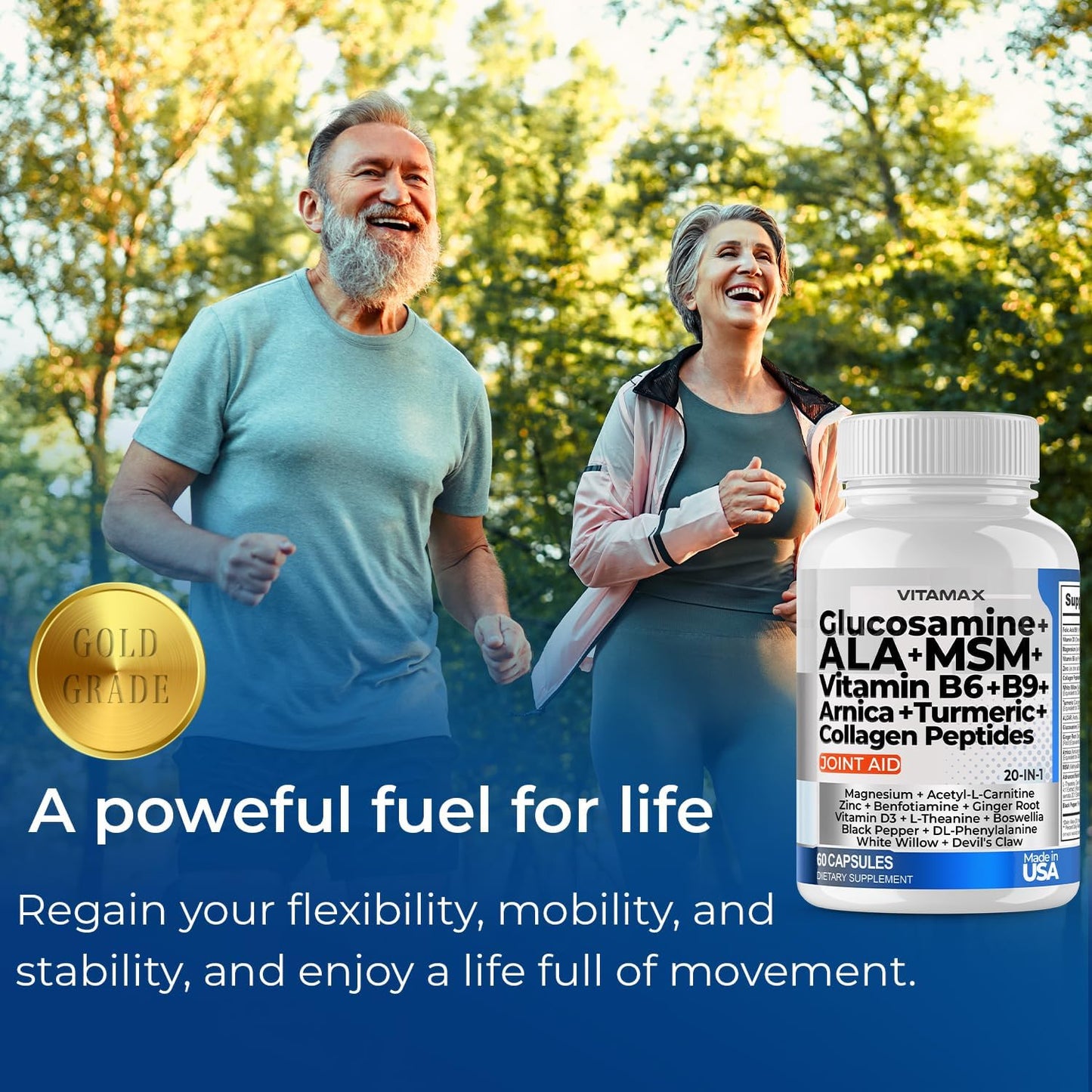 Joint Support Supplement with Vitamax, Glucosamine, MSM, Turmeric, ALCAR, Boswellia, ALA, Collagen, and BioPerine - Enhances Mobility, Flexibility, and Comfort - Made in USA - 120ct