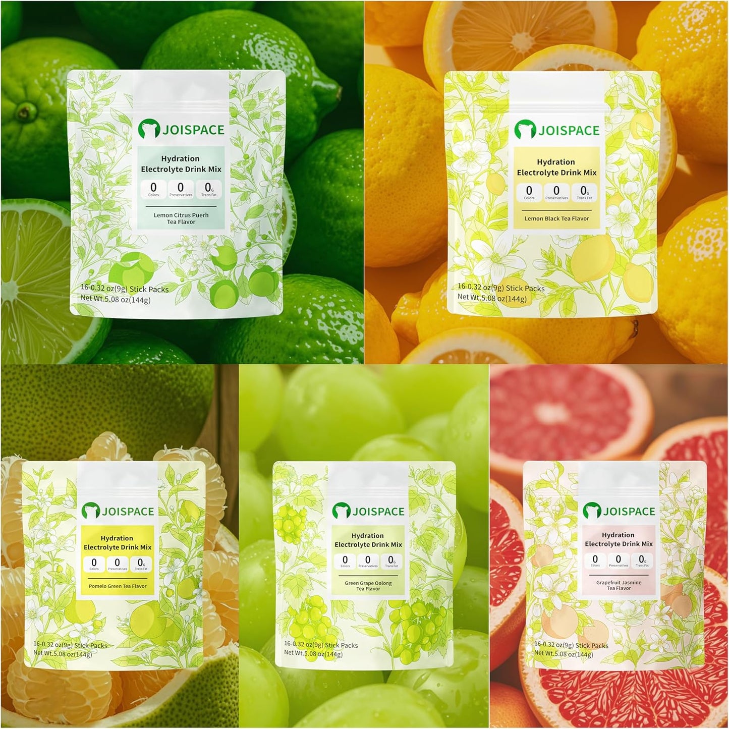 JOISPACE Lemon Tea Electrolyte Drink Mix with Tea Polyphenols - Non-GMO, Vegan, Gluten-Free - Fast Hydration & Electrolytes Boost - 16 Servings