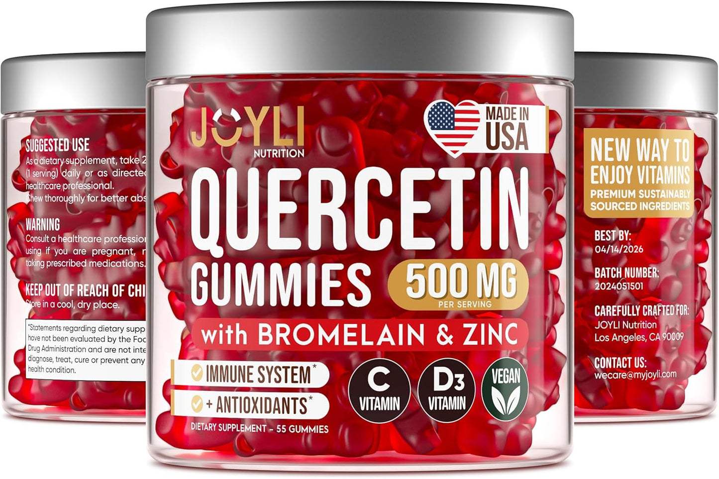 JOYLI Nutrition Quercetin Gummies with Bromelain Zinc - 500MG Immune & Allergy Support - 55 Chewables for Kids & Adults