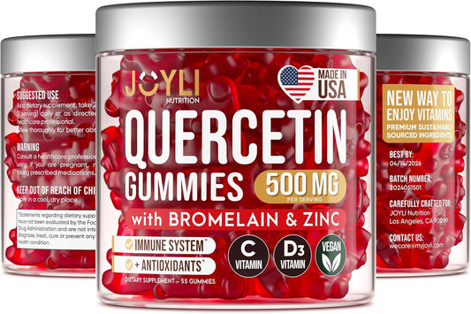 JOYLI Nutrition Quercetin Gummies with Bromelain Zinc - 500MG Immune & Allergy Support - 55 Chewables for Kids & Adults