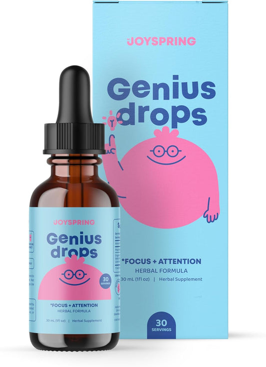 JoySpring Genius Drops for Kids | Herbal Focus Supplement with Ginkgo Biloba | Clinically Proven Liquid Formula (1 fl oz)