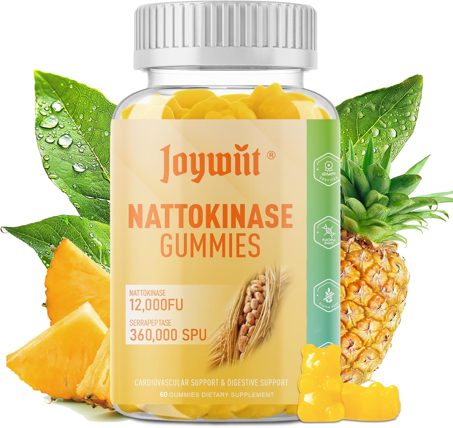 Joywiit Enzyme Gummies 12,000 FU Nattokinase & 360,000 SPU Serrapeptase with Bromelain, Papain, Inulin - Circulatory, Gut, Digestion Support - Vegan, Non GMO - 60 Count