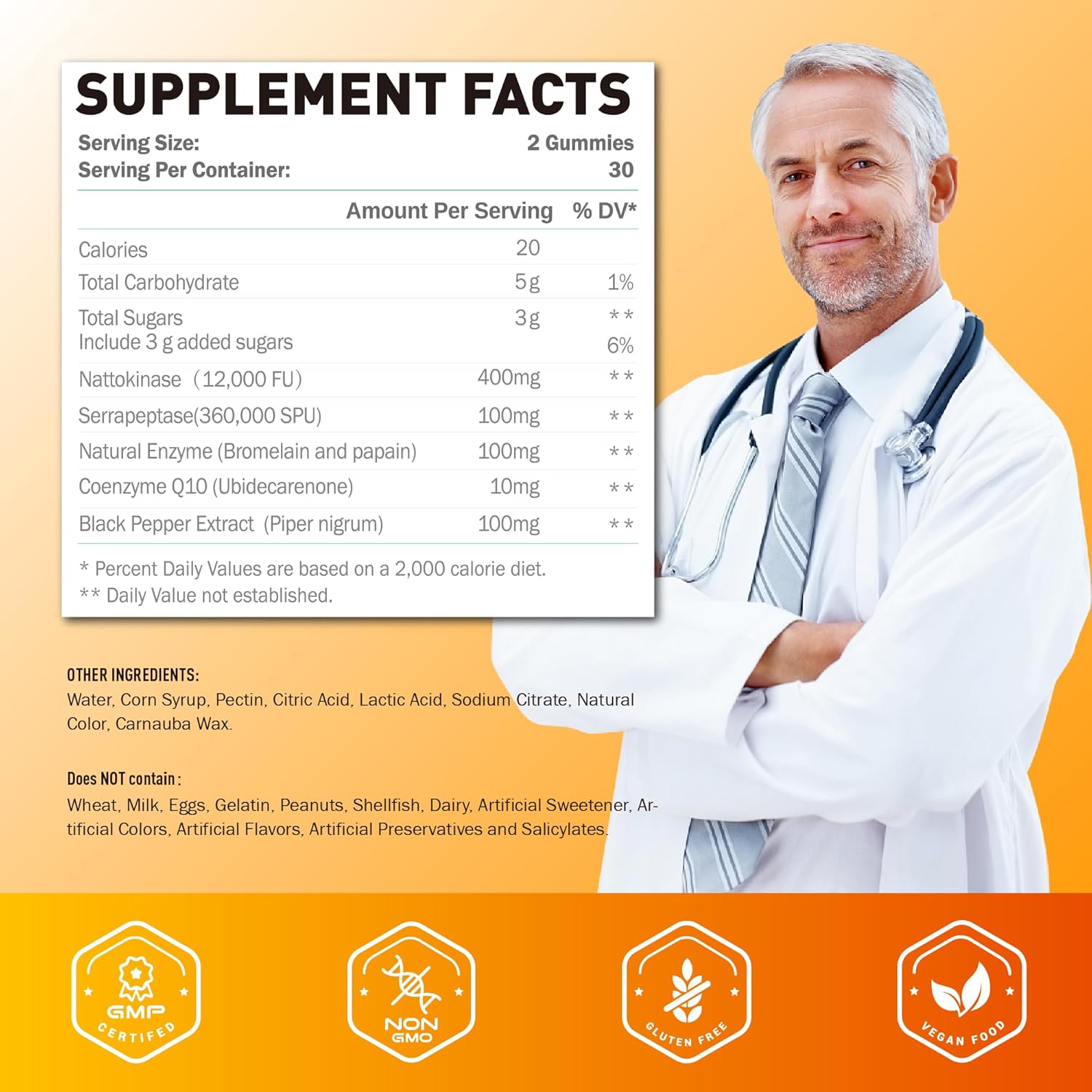 Joywiit Enzyme Gummies 12,000 FU Nattokinase & 360,000 SPU Serrapeptase with Bromelain, Papain, Inulin - Circulatory, Gut, Digestion Support - Vegan, Non GMO - 60 Count