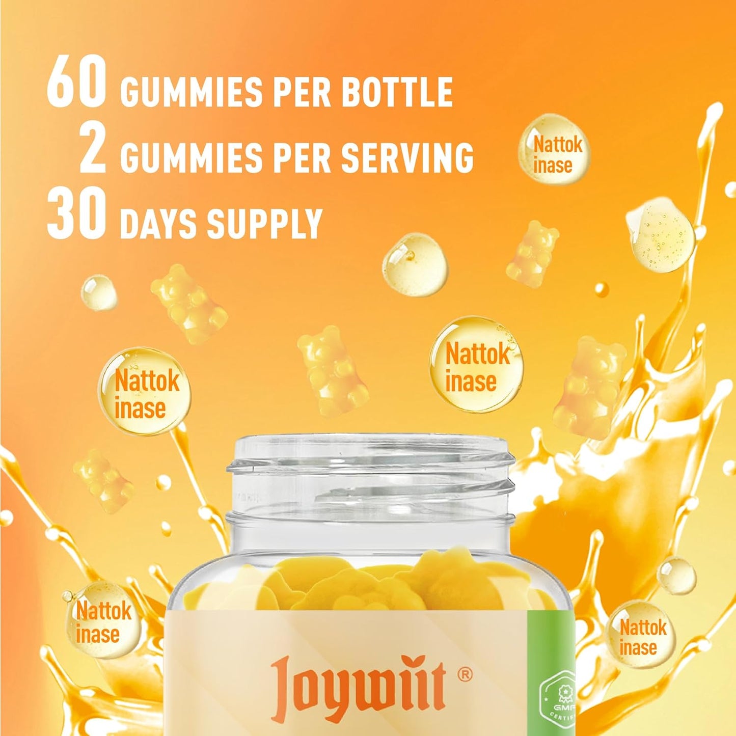 Joywiit Enzyme Gummies 12,000 FU Nattokinase & 360,000 SPU Serrapeptase with Bromelain, Papain, Inulin - Circulatory, Gut, Digestion Support - Vegan, Non GMO - 60 Count