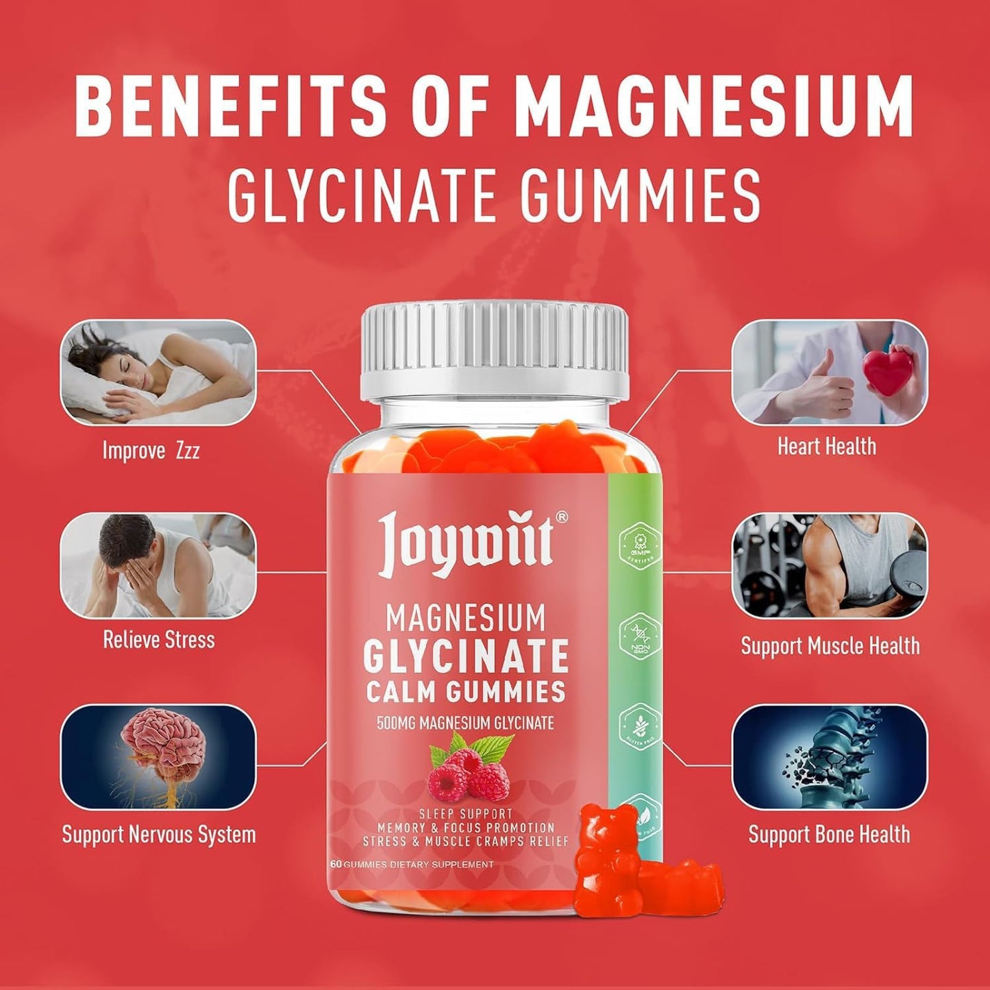 Joywiit Magnesium Glycinate Gummies 500mg with Threonate 200mg - Vitamin D, B6, B12 for Calm Mood, Muscle Relief, Nerve Health, and Bone Support - 60 Count