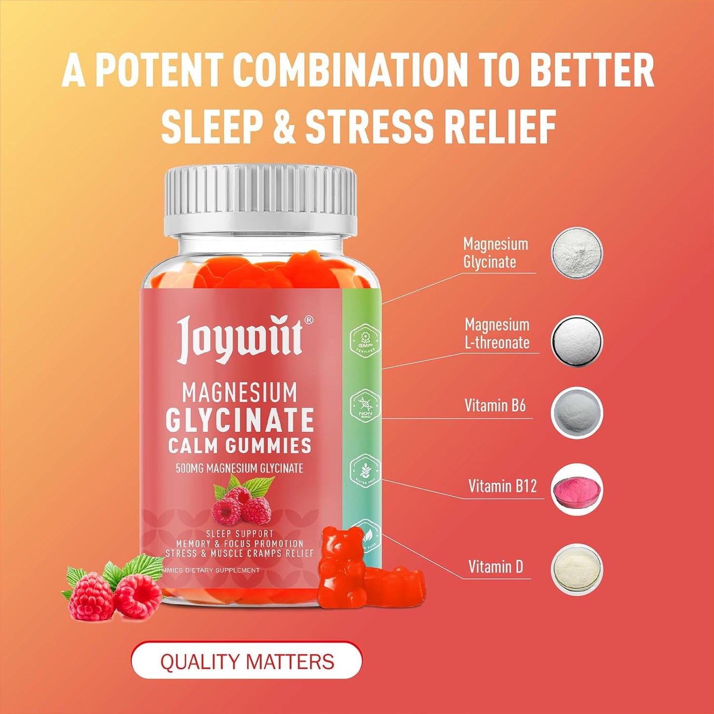 Joywiit Magnesium Glycinate Gummies 500mg with Threonate 200mg - Vitamin D, B6, B12 for Calm Mood, Muscle Relief, Nerve Health, and Bone Support - 60 Count