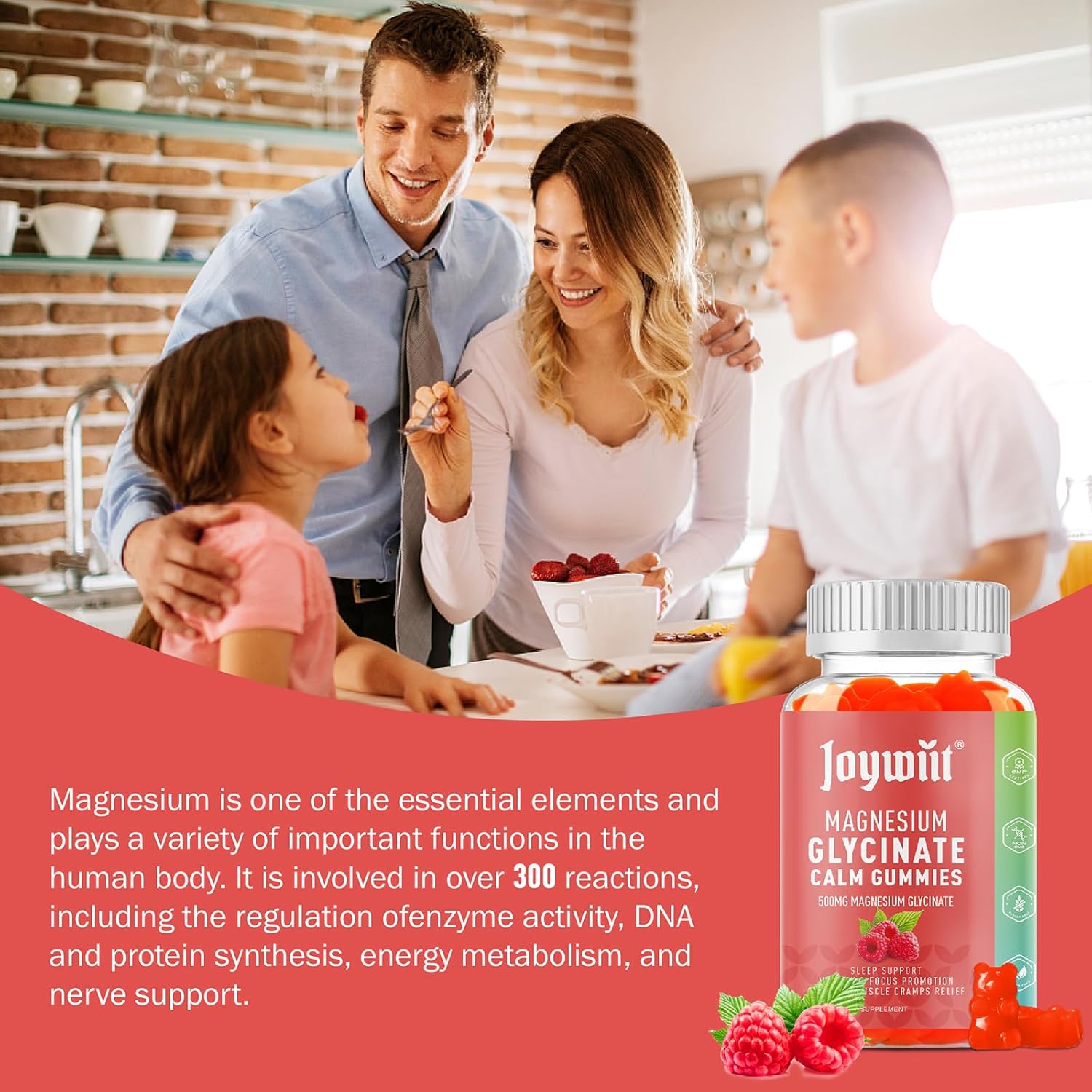 Joywiit Magnesium Glycinate Gummies 500mg with Threonate 200mg - Vitamin D, B6, B12 for Calm Mood, Muscle Relief, Nerve Health, and Bone Support - 60 Count