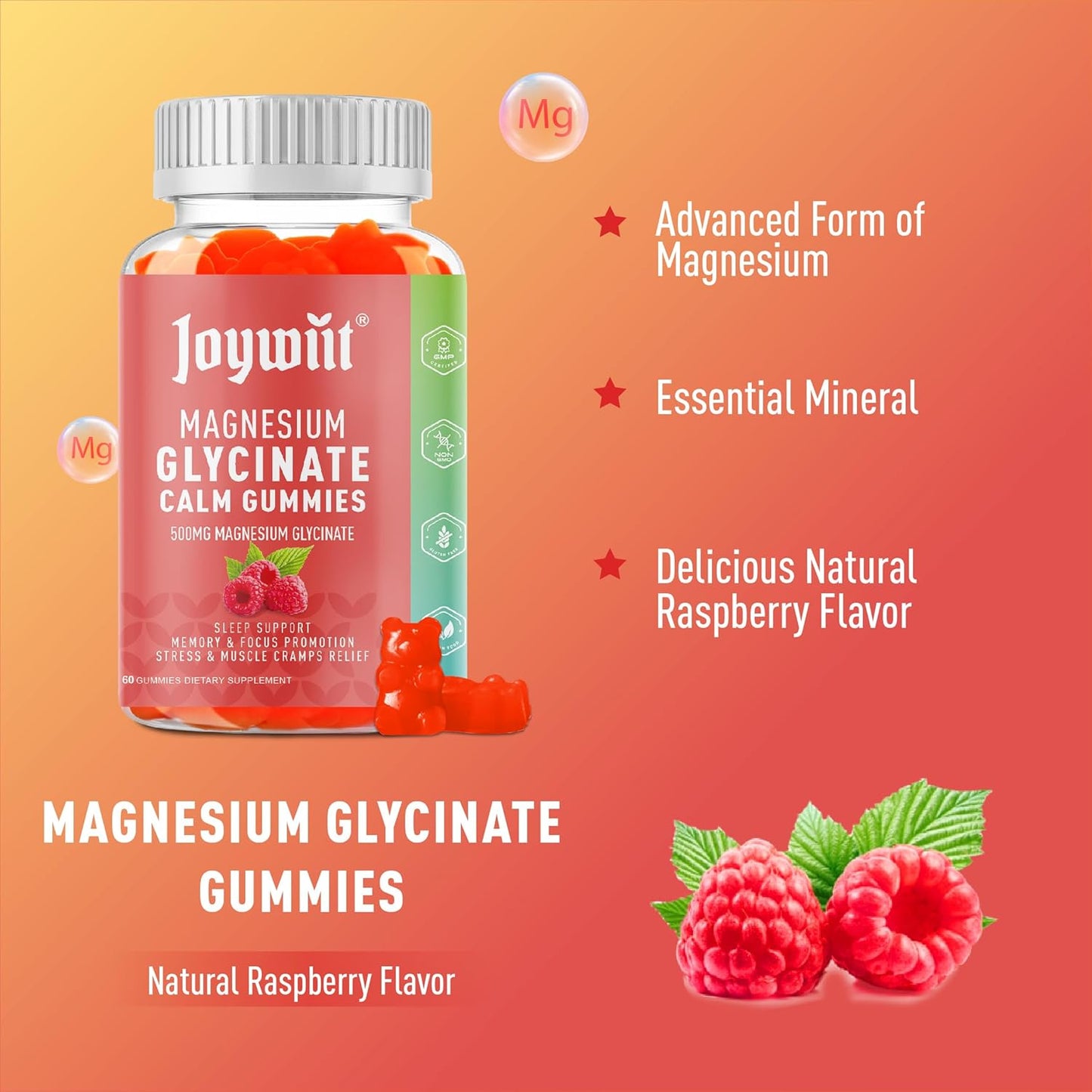 Joywiit Magnesium Glycinate Gummies 500mg with Threonate 200mg - Vitamin D, B6, B12 for Calm Mood, Muscle Relief, Nerve Health, and Bone Support - 60 Count