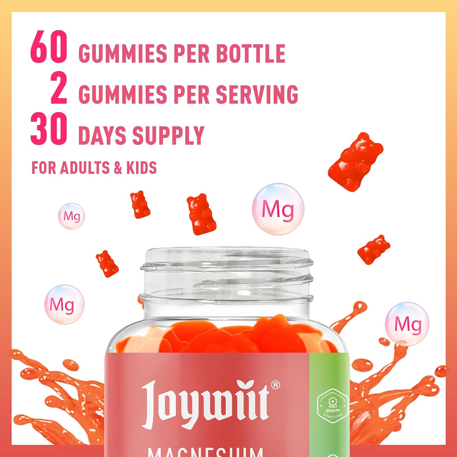 Joywiit Magnesium Glycinate Gummies 500mg with Threonate 200mg - Vitamin D, B6, B12 for Calm Mood, Muscle Relief, Nerve Health, and Bone Support - 60 Count