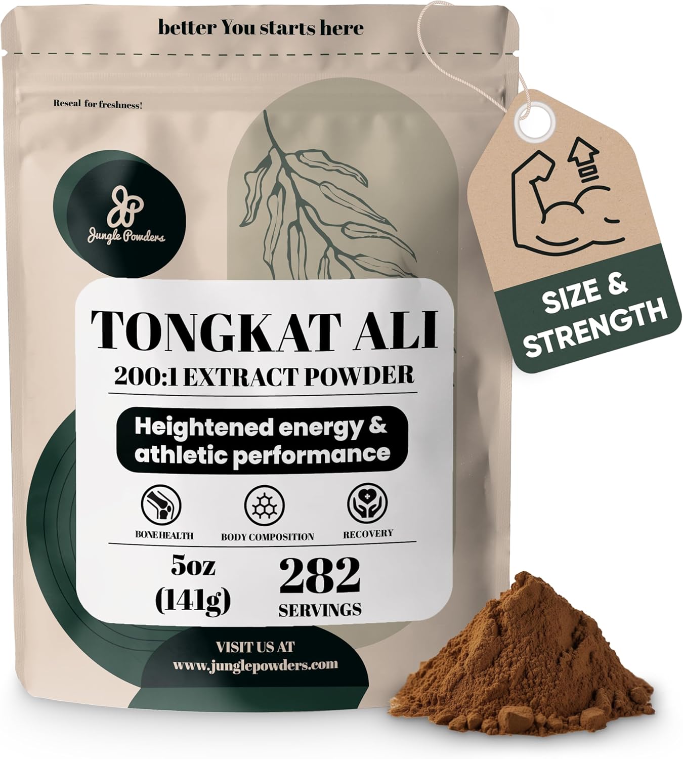 Jungle Powders Tongkat Ali 200:1 Extract Powder - 282 Servings, 5 oz Bag - Eurycoma Longifolia Supplement for Men's Health - Longjack Root for Drive & Passion