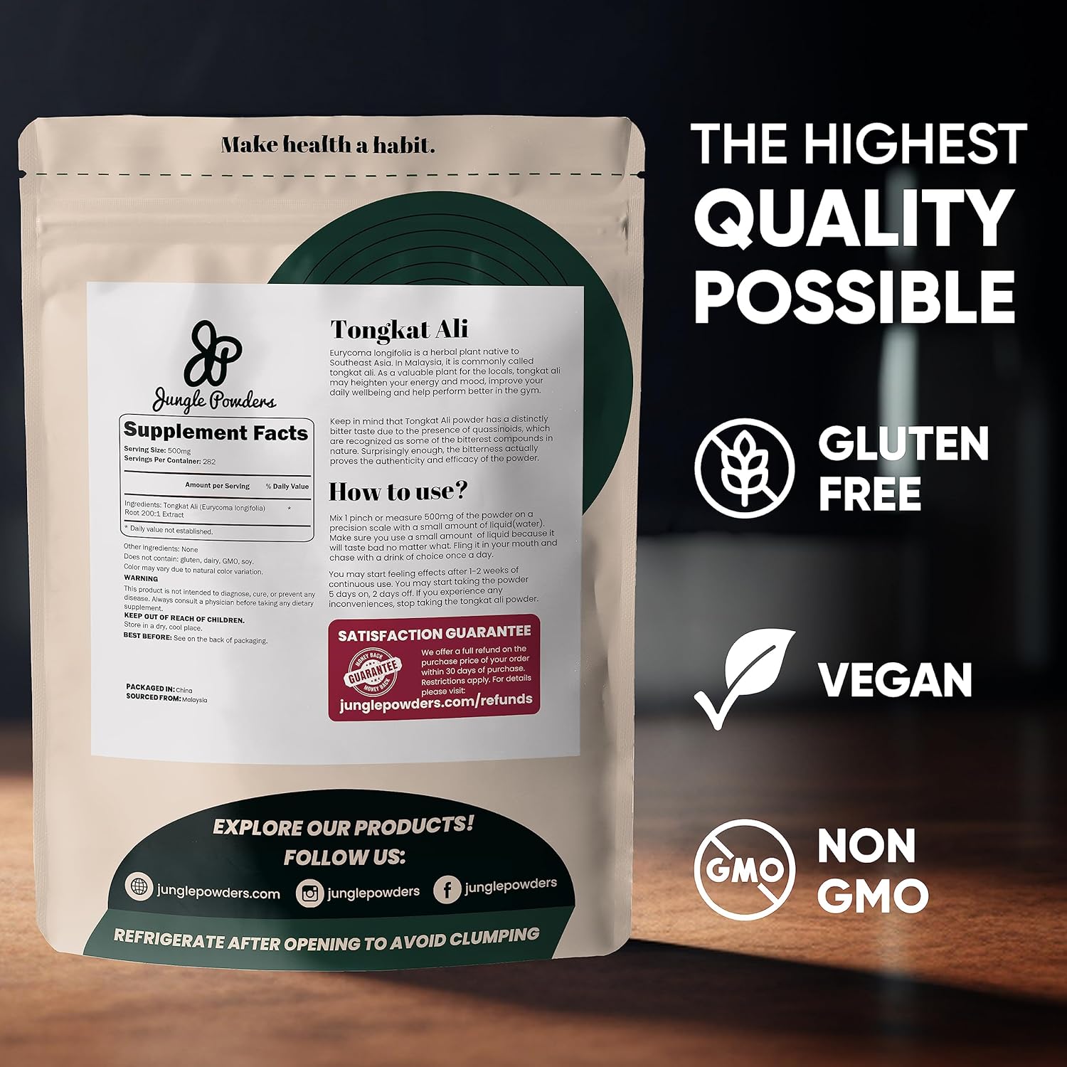 Jungle Powders Tongkat Ali 200:1 Extract Powder - 282 Servings, 5 oz Bag - Eurycoma Longifolia Supplement for Men's Health - Longjack Root for Drive & Passion