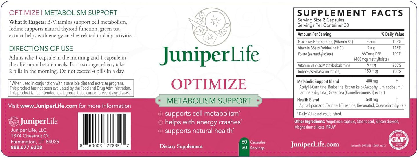 JuniperLife OPTIMIZE with Berberine | Natural Energy & Endurance Support | Promotes Cardiovascular, Thyroid, & Cholesterol Health | Gut Health Function Support
