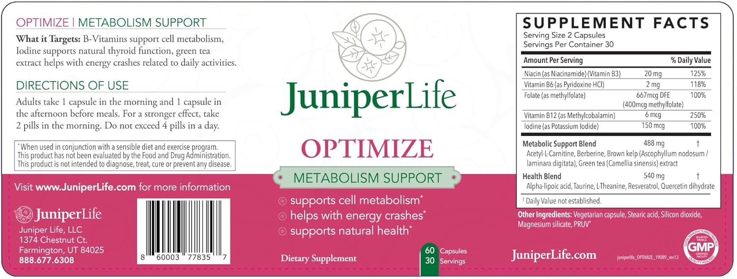 JuniperLife OPTIMIZE with Berberine | Natural Energy & Endurance Support | Promotes Cardiovascular, Thyroid, & Cholesterol Health | Gut Health Function Support
