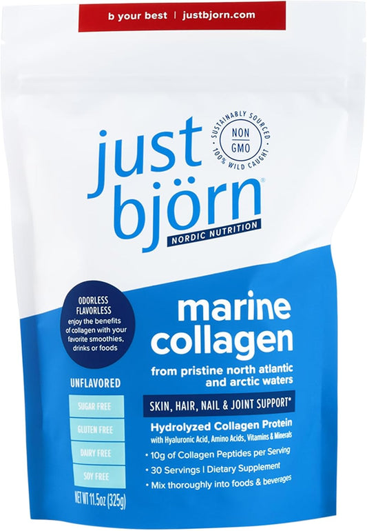 Just Bjorn Marine Collagen Peptides Powder with Hyaluronic Acid & Vitamin C for Skin, Hair, Nails, and Joints - Unflavored, 30 Servings