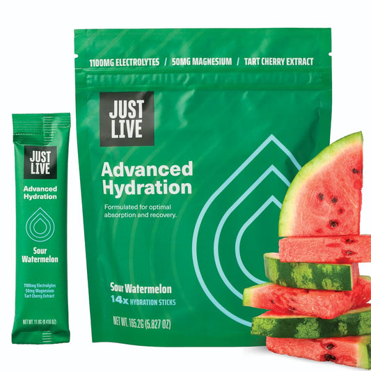 Just Live Sour Watermelon Electrolyte Drink Mix with Tart Cherry Extract - Advanced Hydration Formula for Recovery & Absorption, Low Sugar, 14 Pack
