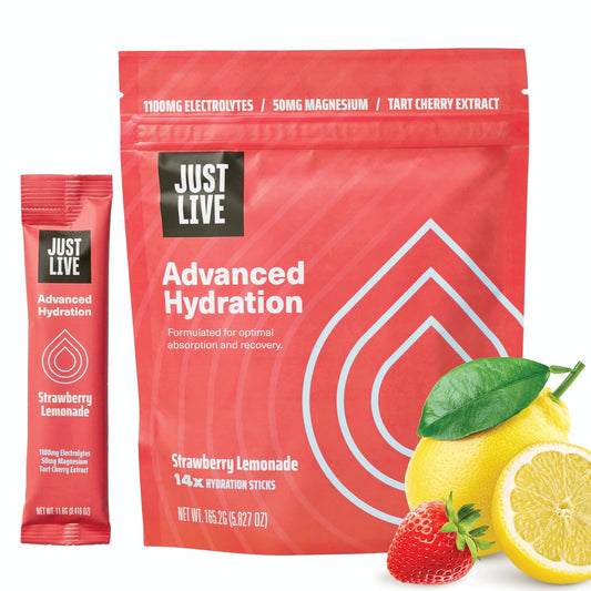 Just Live Strawberry Lemonade Electrolyte Drink Mix with Tart Cherry Extract - Advanced Hydration Formula for Recovery & Absorption, Low Sugar - 14 Pack