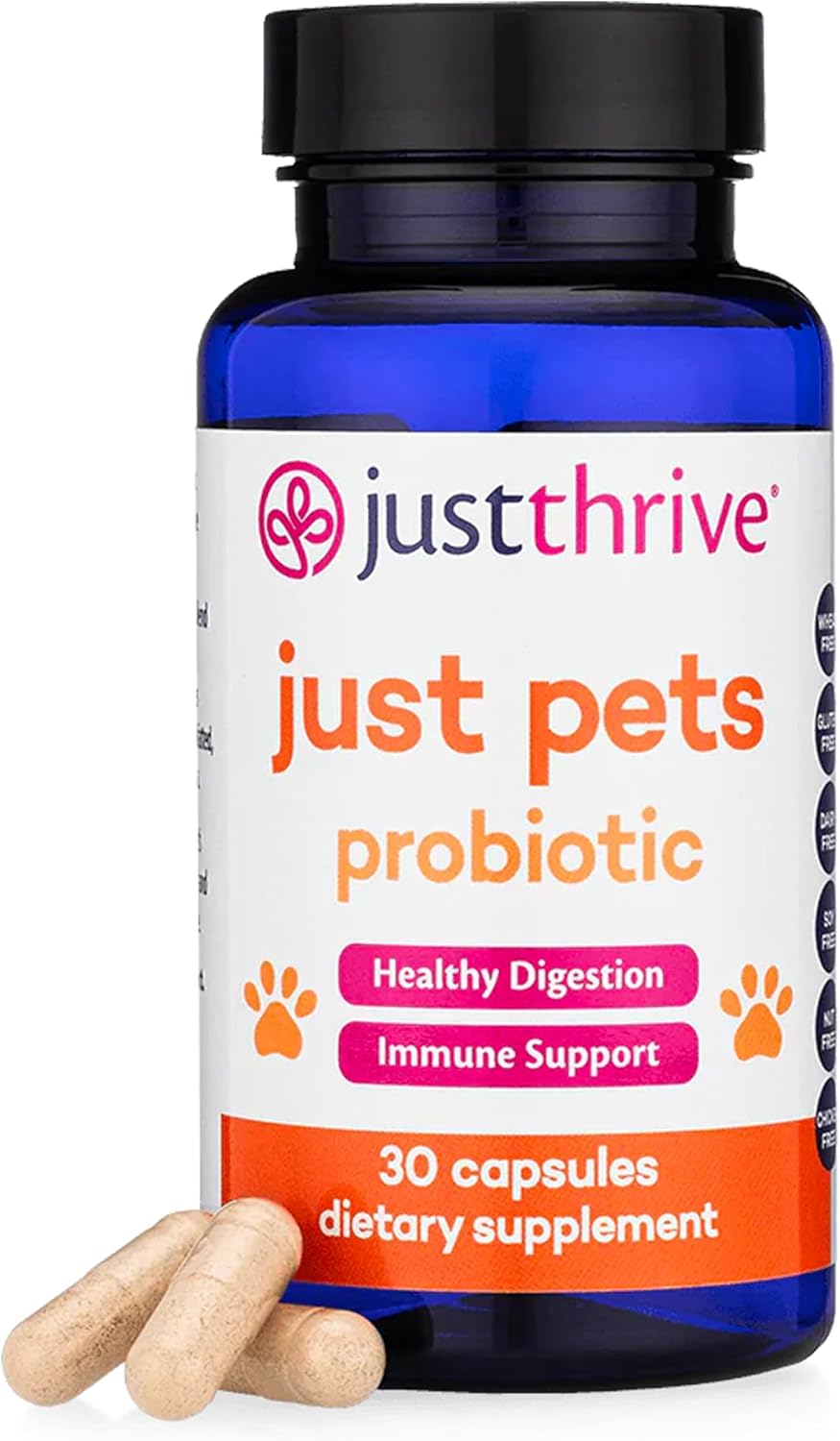 Just Thrive Just Pets Probiotic - 4 Billion CFUs Daily Digestive Probiotics for Dogs and Cats - 30 Capsules