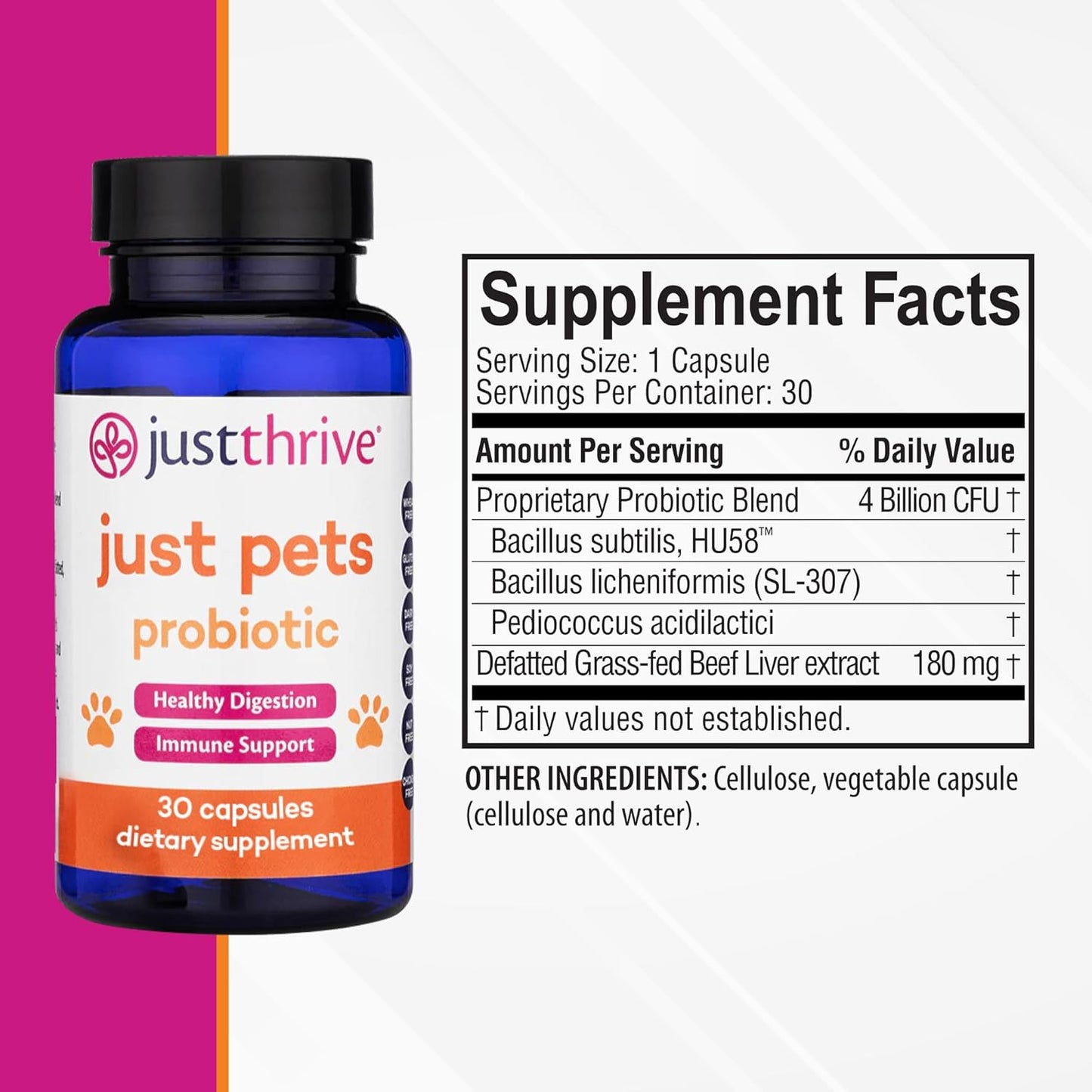 Just Thrive Just Pets Probiotic - 4 Billion CFUs Daily Digestive Probiotics for Dogs and Cats - 30 Capsules